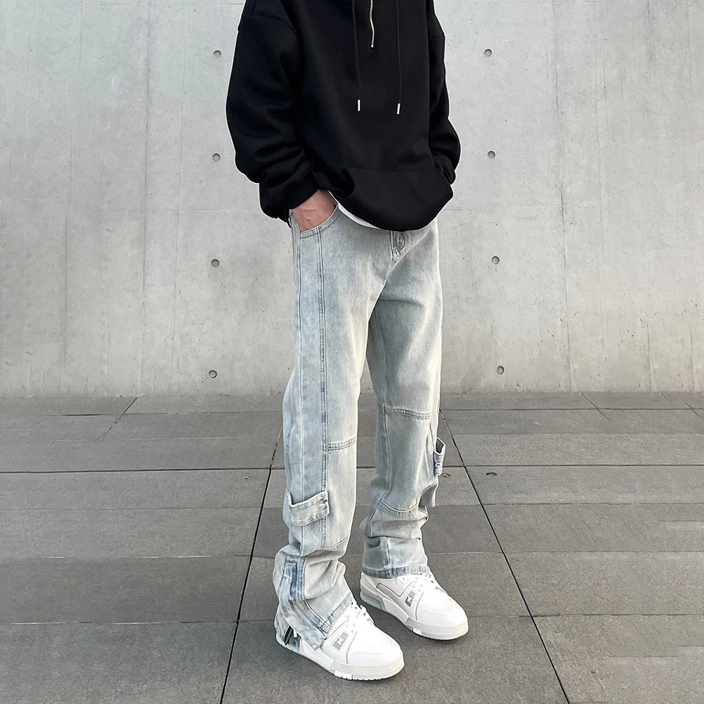 Mens Y2k autumn fashion casual zipper Flared Trouser ultra-thin blue retro winter stacked street original jeans 250402