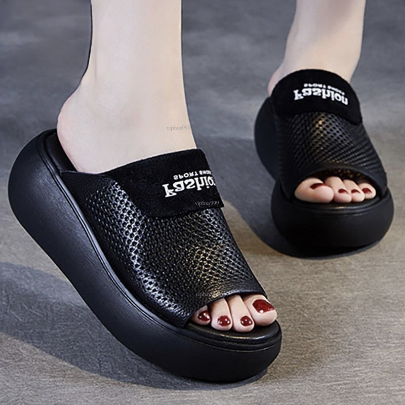 New Designer Sandals With Free Shipping Real Soft Leather Thick Soled Sponge Cake Shoes For Women Wearing Half Slippers Versatile And Stylish Hollow O