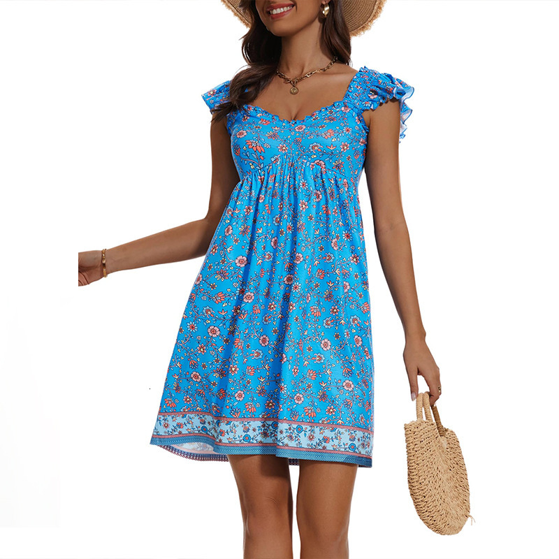 New 2025 Summer Womens Casual Strap with Mushroom Edge High Waist Printed Dress