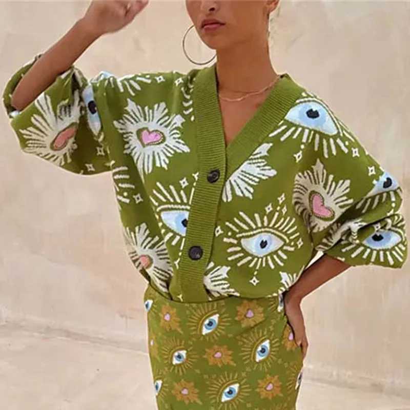 Vintage Geometric Print Sweater Cardigan Woman Elegant Single Breasted V Neck Jacket Autumn Long Sleeve Loose Knitwear Top Mujer J251103