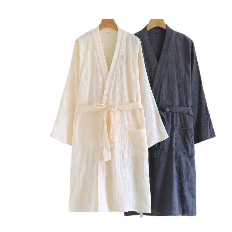 Soft Double Gauze Kimono Robe Women Washed Cotton Spa Bathrobe V Neck Minimst Loungewear Breathable Solid Color Home Robe C251104