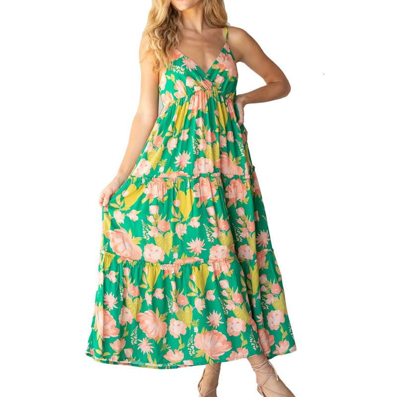 2025 summer long camisole dress sexy backless printed pleated cross V-neck dress