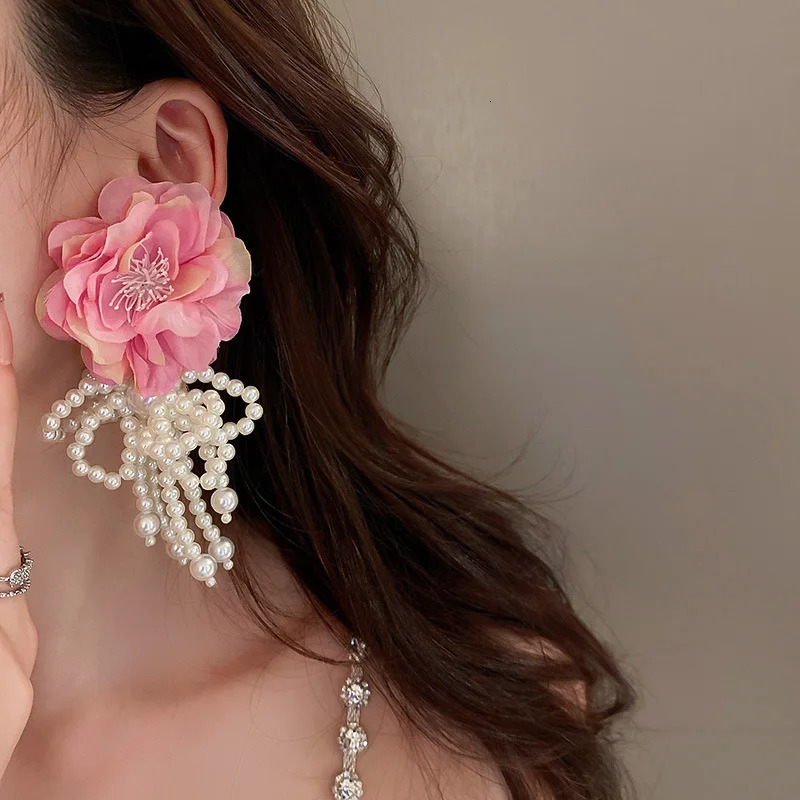 Bohemian White Pink Large Cloth Womens Flower Earrings Embroidered Jewelry Handmade Pearl Bow Tassel Pendant 250326