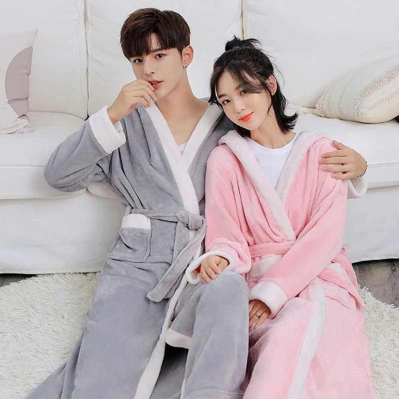 Autumn Winter New Nightwear Flannel Hoode Couple Long Robe Sleepwear Home Clothes Loose Coral Fleece Bathrobe Gown Lounge Wear C251104