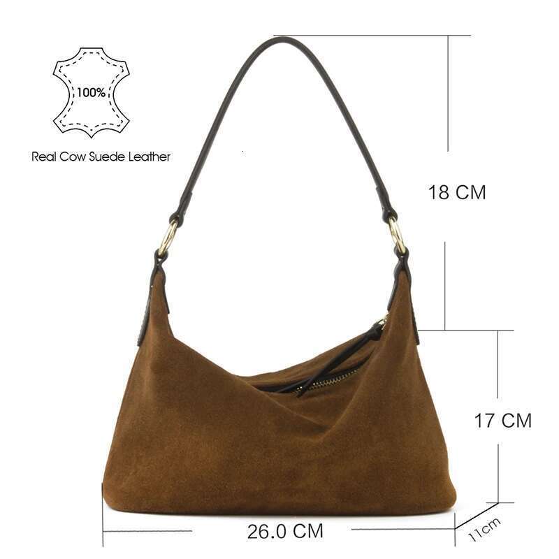 Natural Cow Suede Shoulder Underarm Bag Genuine Leather Hobo Crescent Handbag Half Moon Winter Fashion Casual