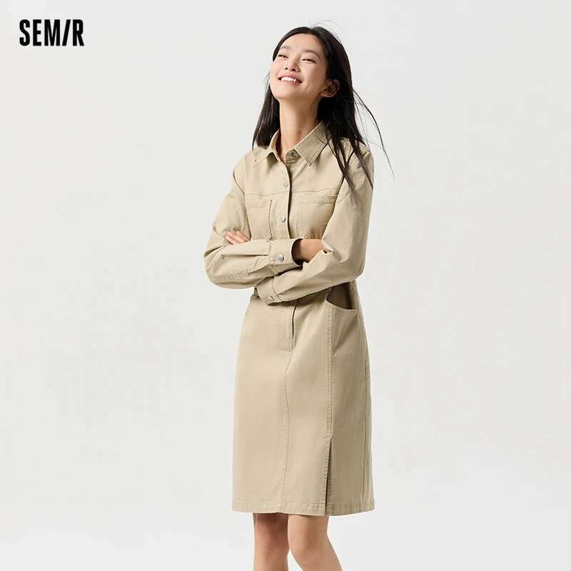 Semir Women Slit Lapel Vintage 2025 Spring New Waist-Cinching Workwear Dress