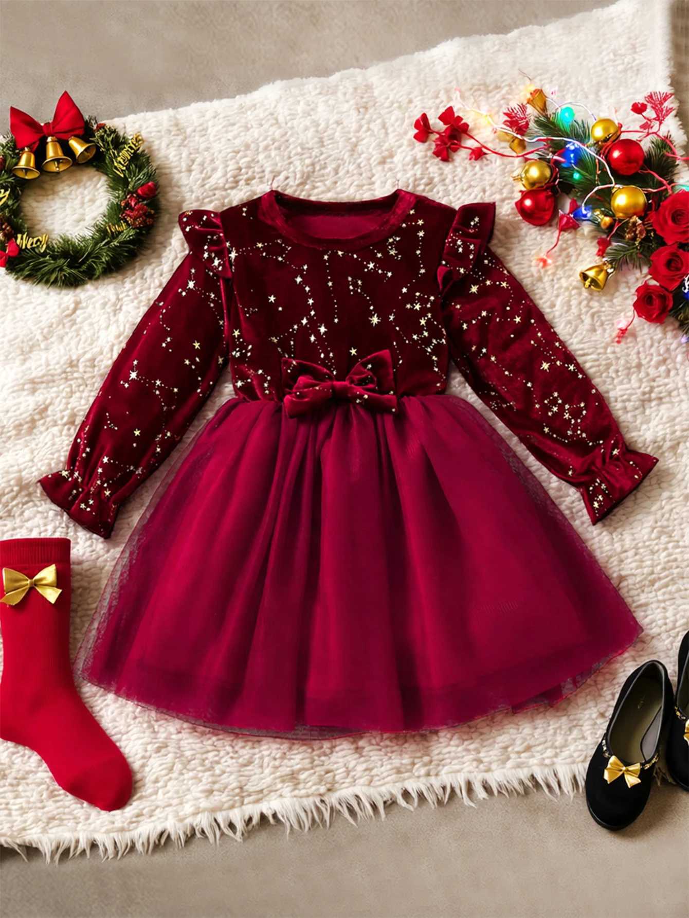 Girl Dress Autumn Winter Velvet Long Sleeved Mesh Bow Princess Dress Childrens New Year Children Party Festive Dress For Girl C251104