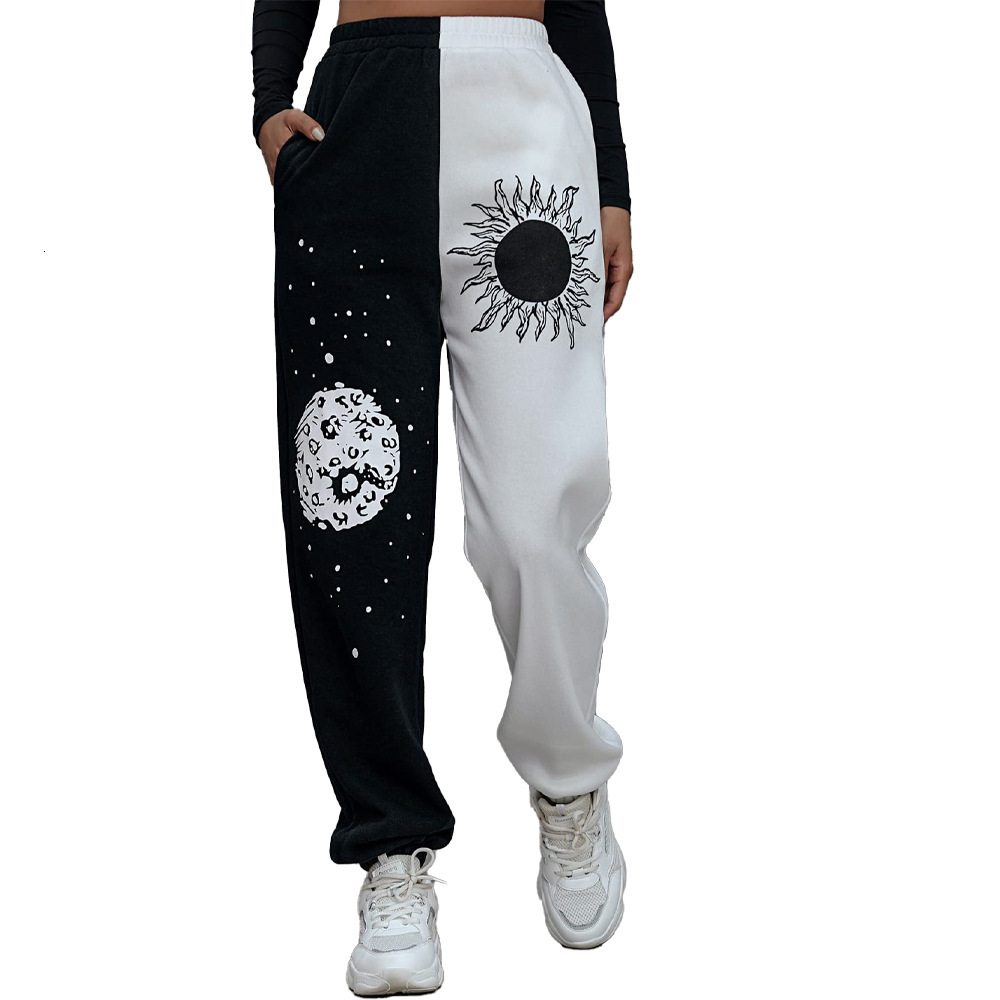 2025 autumn and winter new Tai Chi picture hot stamping loose sports pants with black and white pocket splicing fleece pants for women