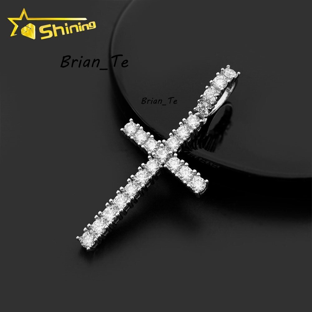 Hip Hop Regular Moissanite Diamond Cross Pendants 925 Silver Men Women 4mm Cross Charms Rhodium Plated