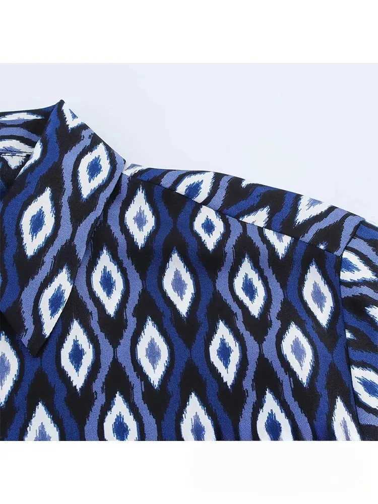 Designer KONDALA Vintage Blue Geometric Print Women Suits Long Sleeve Loose ShirtsHigh Waist Wide Leg Pants Fashion 2025 Holiday Suits Y251104