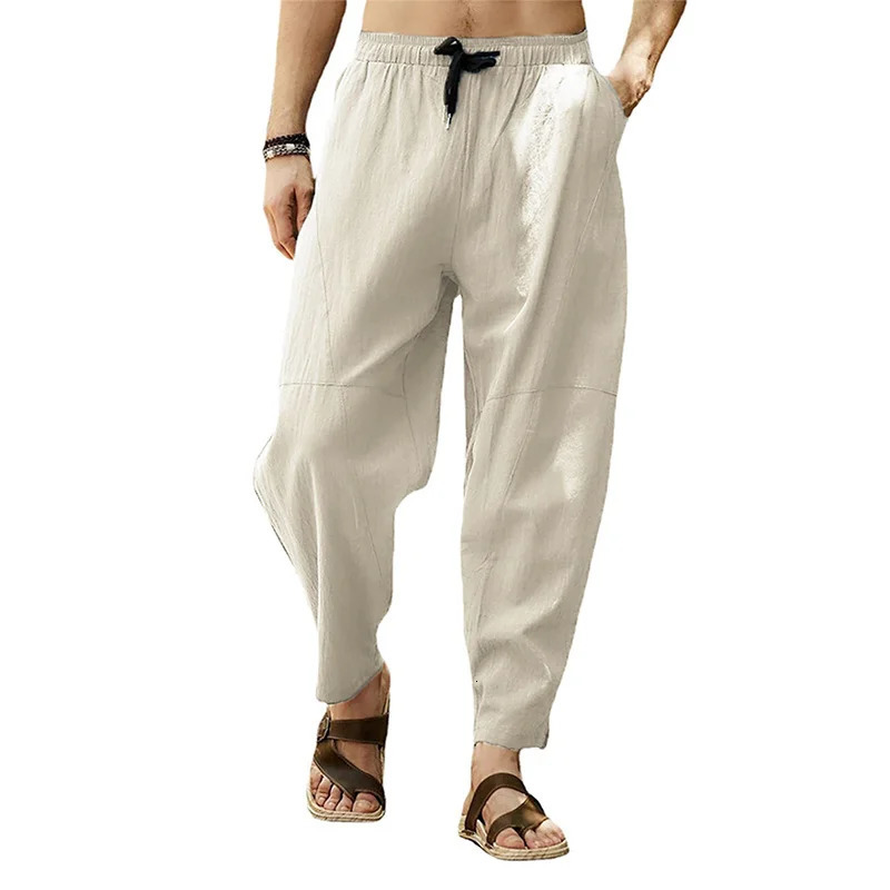 Cotton Linen Harem Pants Men Solid Elastic Waist Streetwear Joggers Baggy Drop-crotch Pants Casual Trousers Men 250402