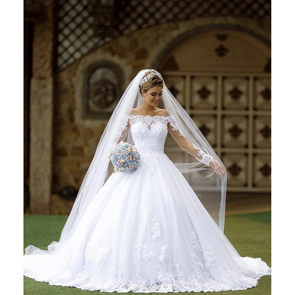 Long Sleeves Princess Wedding Dresses Lace Appliques Chapel Train Bridal Gown Elegant White Vestido De Novia 2025