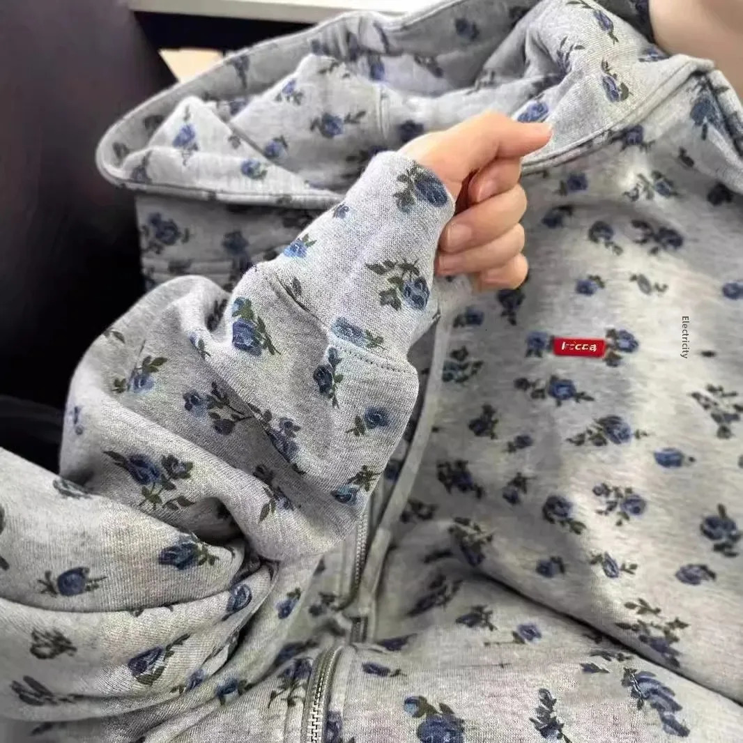 American Floral Print Hoodie Womens Thickened Lazy Style Oversize Cardigan Coat Trendy Spring Autumn Winter Loose Fit Sweatshir 250403