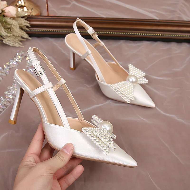 French Wedding Women 2025 New White Bridesmaid Shoes Bow High Heels Elegance Sandals