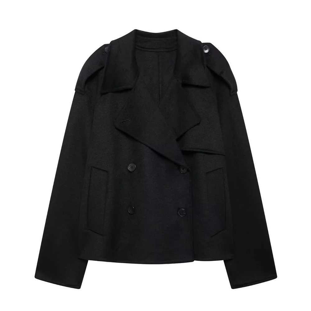 Double breasted Solid Color Short Coat AutumnWinter New Collection Collar Long Sleeve Casual Coat J251103