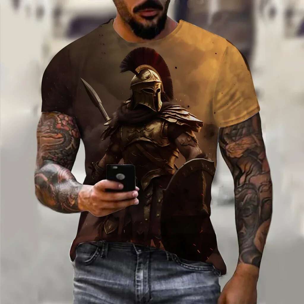3d Printing Vintage Men Short Sleeve Tshirt Spartan Knight Graphic Daily Street Summer Casual Oversized Tops Male Shirts Tees