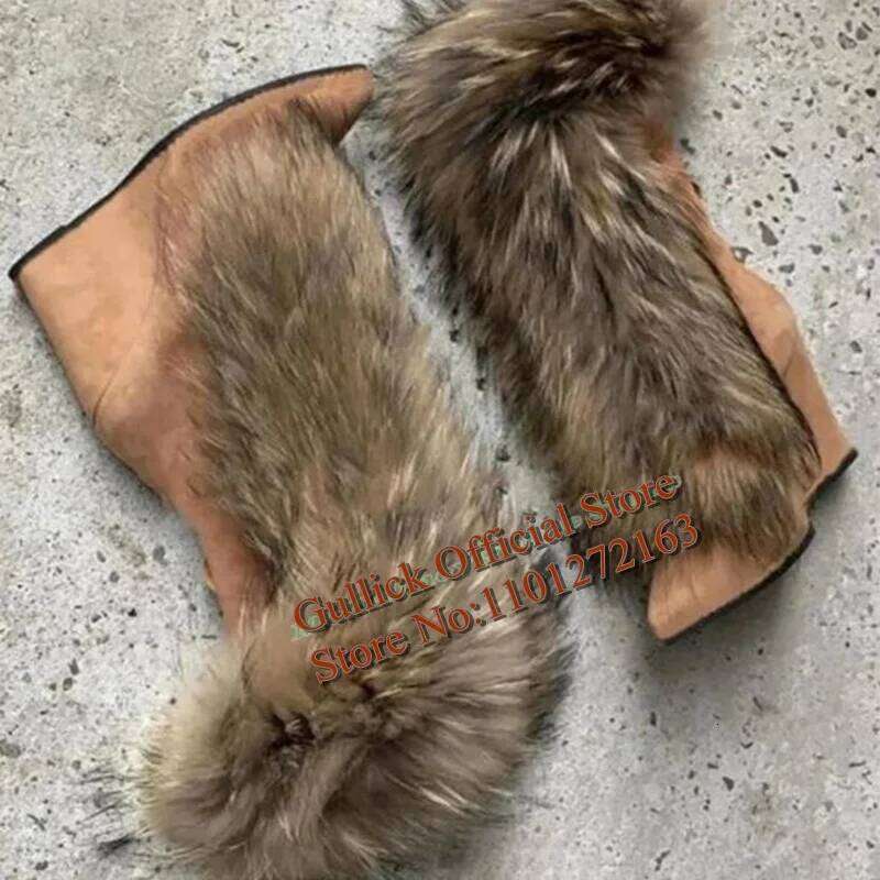 Newest Fur Tassels Woman Wedge Sexy Pointed Toe Beige Brown White Suede Winter Warm Wedged Heels Mid-Calf Boots