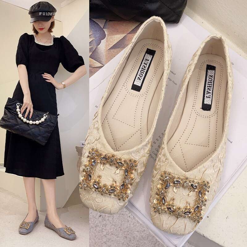 Single shoe women's 2024 spring/summer new fairy style shallow mouth one foot casual rhinestone square toe bean shoes