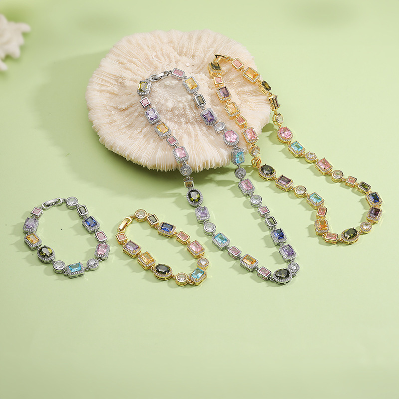 Light geometric inlaid color diamond choker necklace niche high-end feeling style bracelet necklace jewelry set