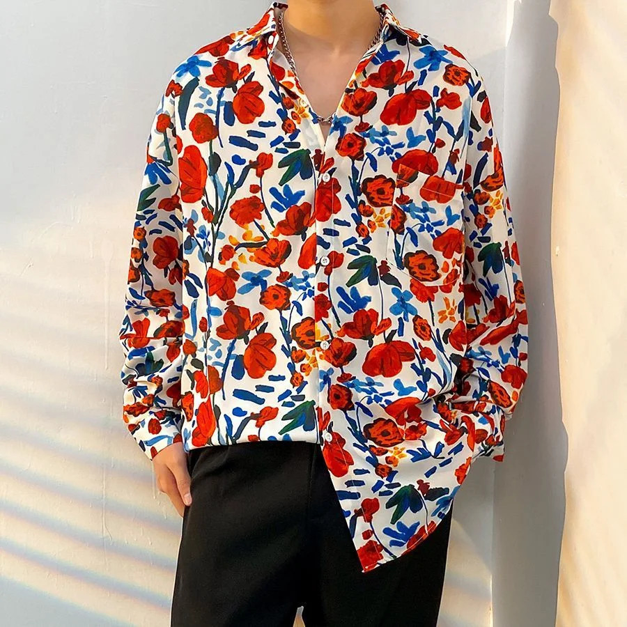 Mens long sleeved Hawaiian shirt Y2K summer print button up beach shirt mens streetwear mens fashionable casual shirt top 250403