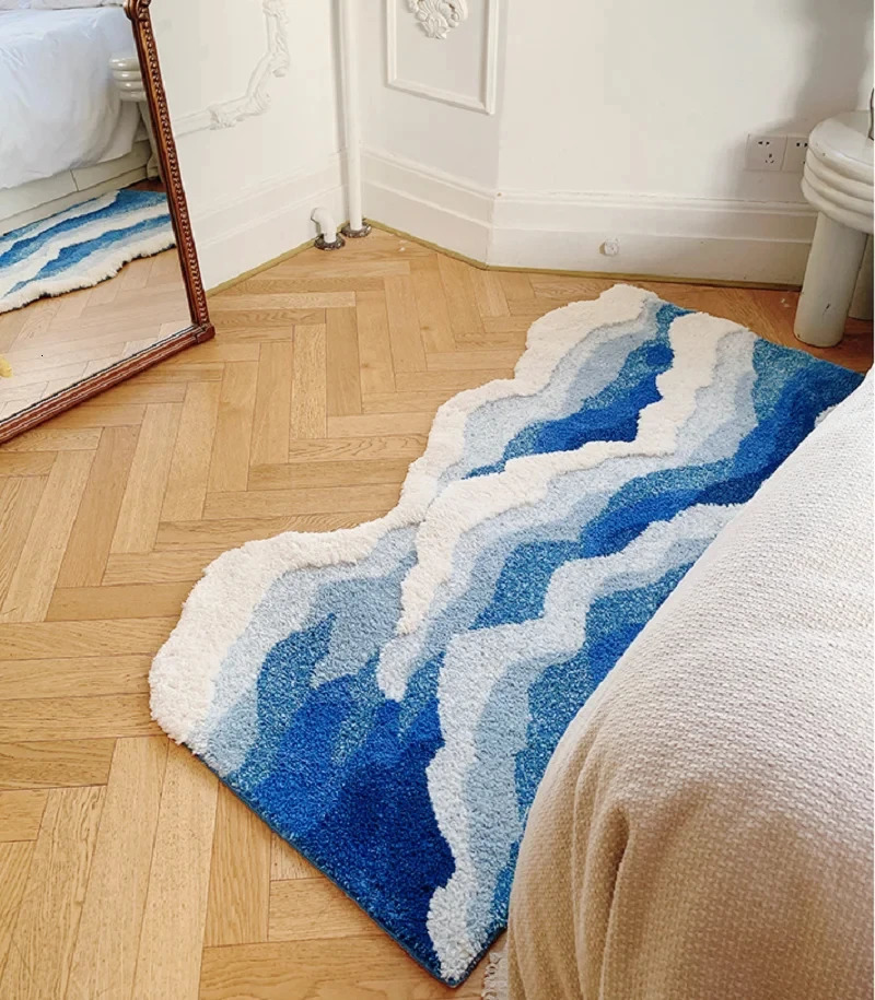 Blue Sea Pattern Tufted Rug Flocking Carpet Aesthetic Home Pad Funny Japanese Style Tufting Rug Cute Floor Pad Anti Slip Doormat 250403