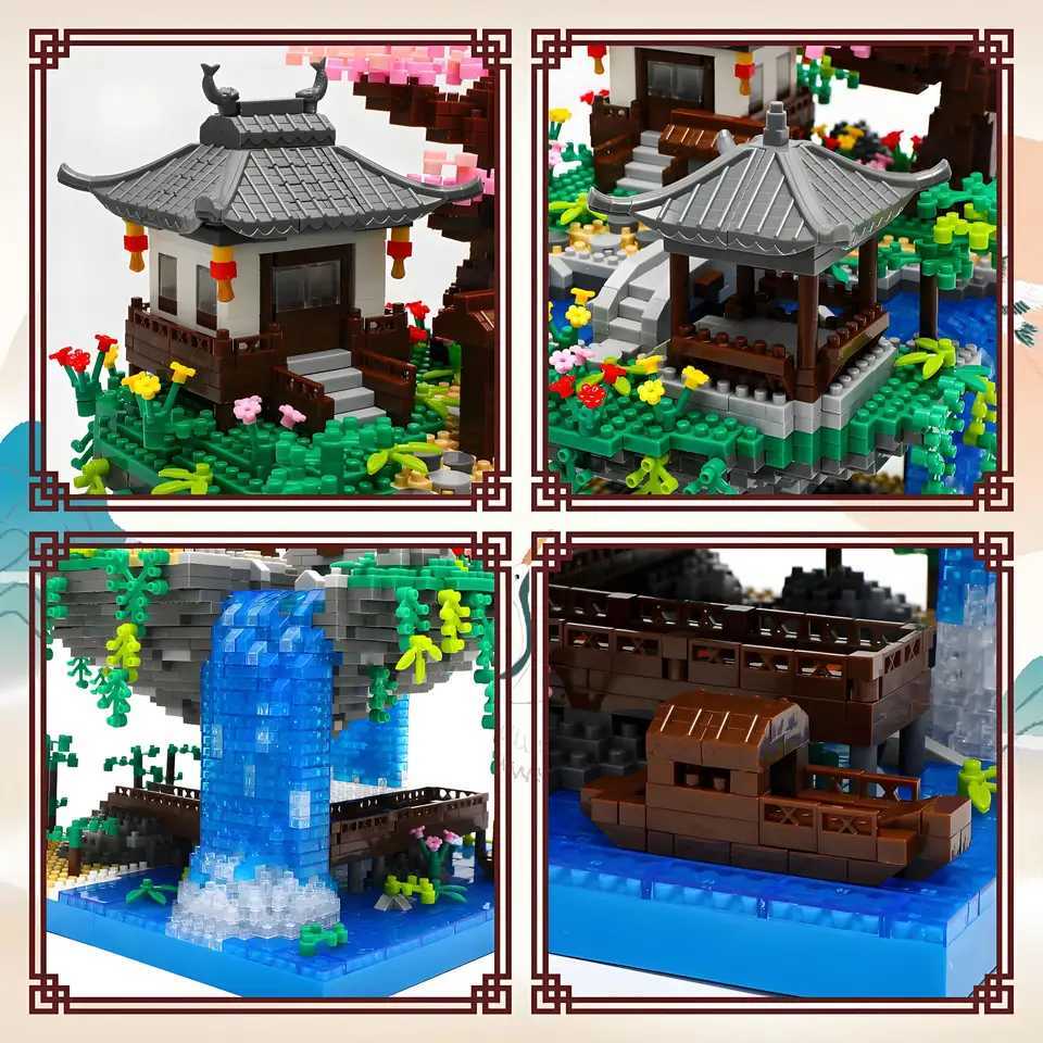 Peach Blossom Lake Building Blocks Micro Building Set Tranquil Garden with Flowers and Lights A Floating Architecture Model C251104