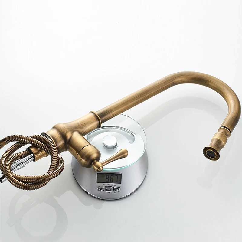 Hotaan Antique Brass Kitchen Faucet Single Hole Pl Out Spout Copper Kitchen Sink Mixer Tap with Stream Sprayer Y251104