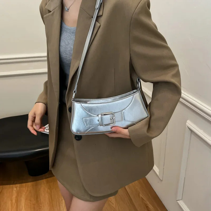 LEFTSIDE silver small PU leather shoulder bag for women Y2K trend armpit cross body bag for women handbag 250402