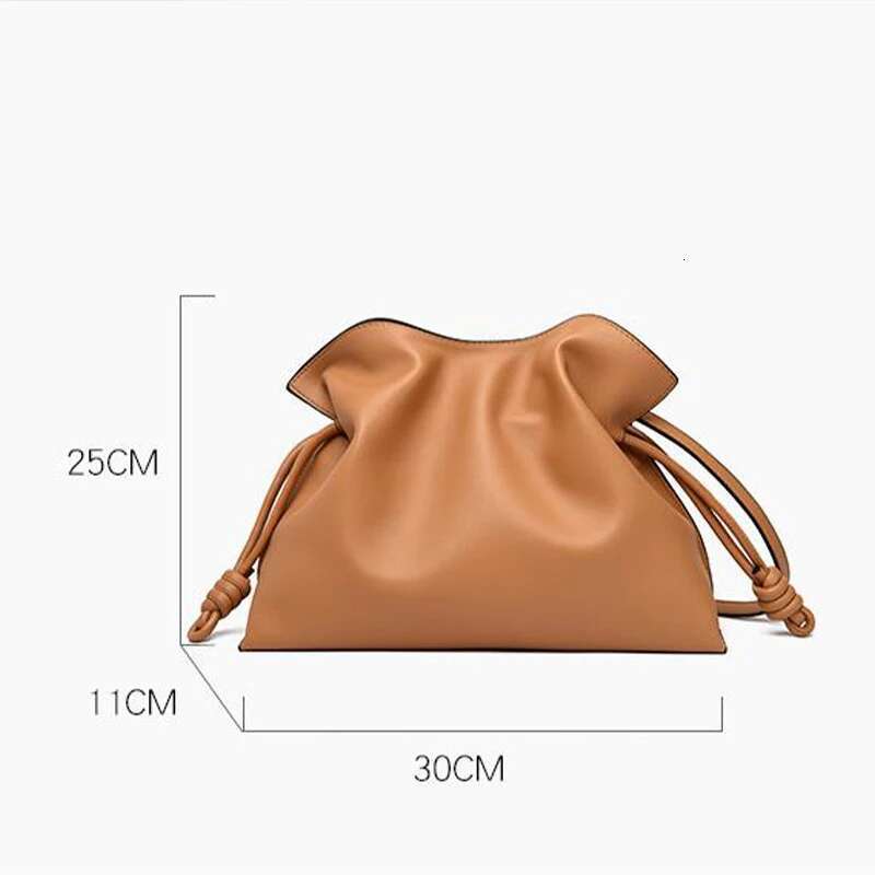 Caramel Color Leather Crossbody Cloud Pleated Large Capacity Design Drawstring Stylish Commuter Bag For Women
