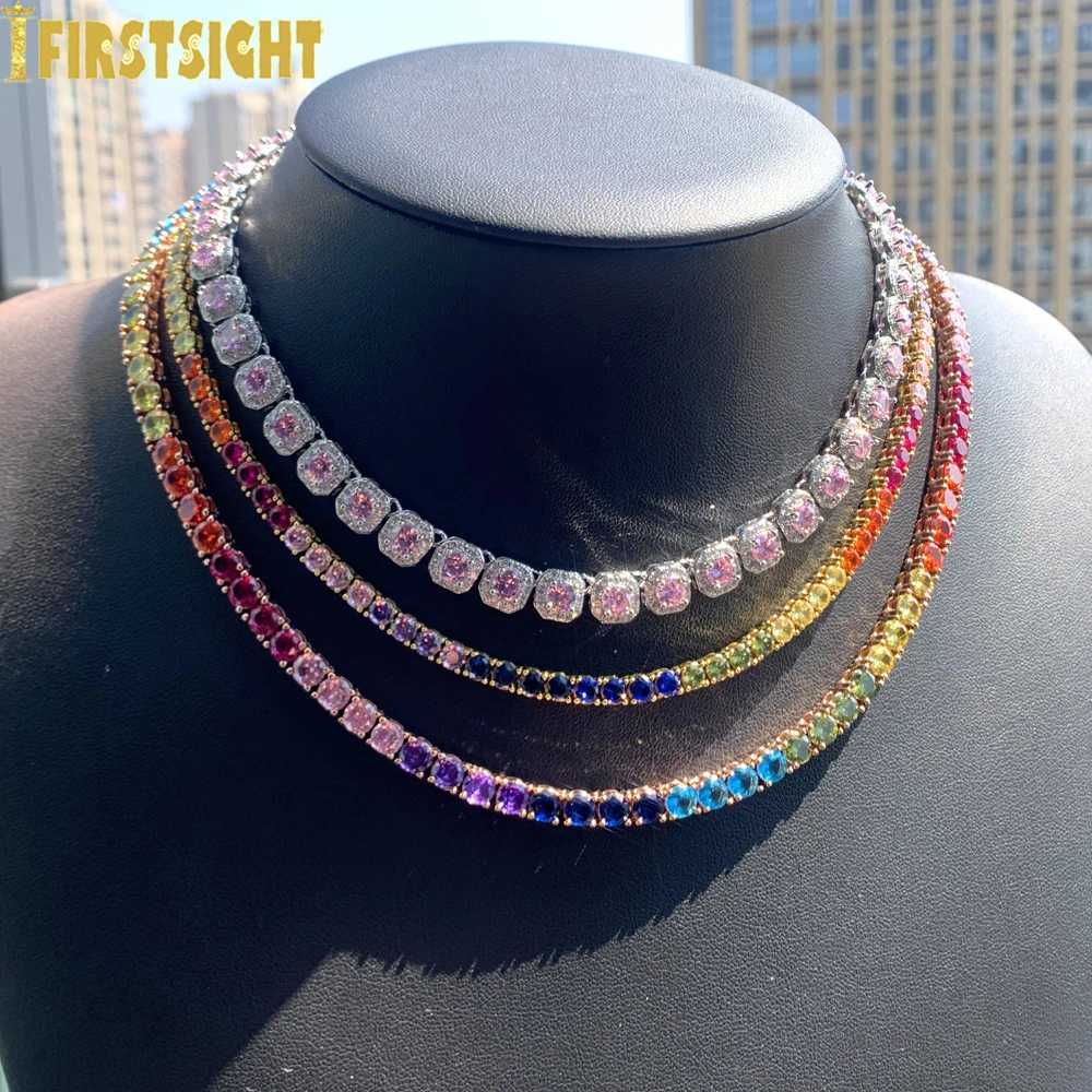 Iced Out Clustered Tennis Chain Necklace Hip Hop Rainbow Cubic Zirconia Silver Color Fashion Rock Women JewelryXJ251104
