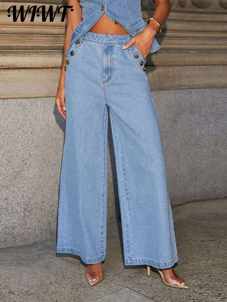 Slim Denim Waistcoat Jeans Set Women Elegant Single Breasted O Neck Vest Wide Leg Pants 2025 Spring New Lady High Street Outfits