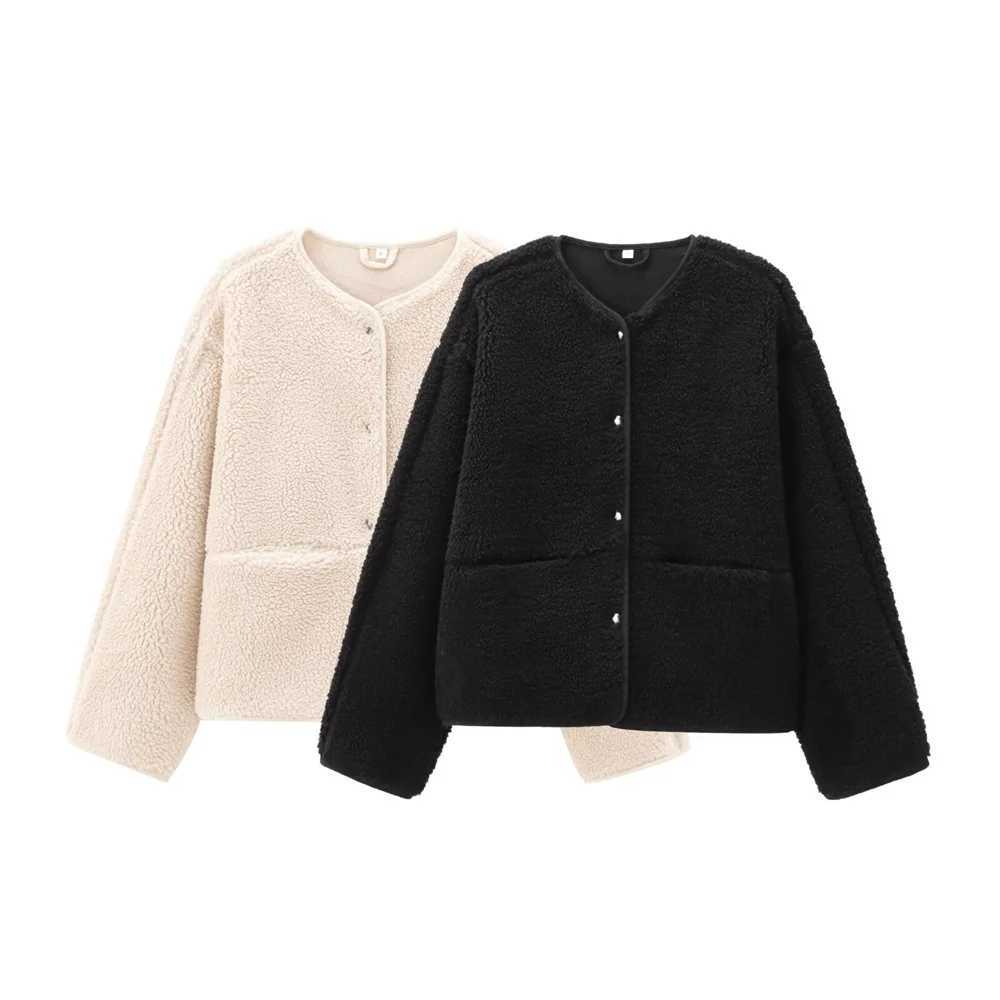 2024 autumn and winter new womens loose casual longsleeved round neck solid color comfortable simple fleece jacket J251103