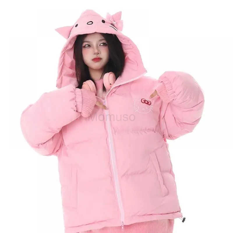 Sanrio Hello Kittys Women Down Jacket Sanrioed Winter Thickened Cotton-Padded Jacket Girls Student Hooded Coat Tops Warm Cotton Clothes H251104