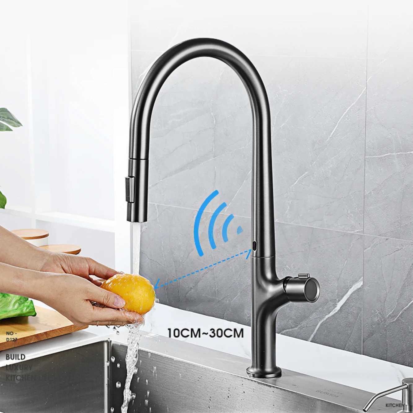 High-end gun gray brass kitchen faucet induction design single handle cold and hot dual control 2 function simple sink faucet Y251104