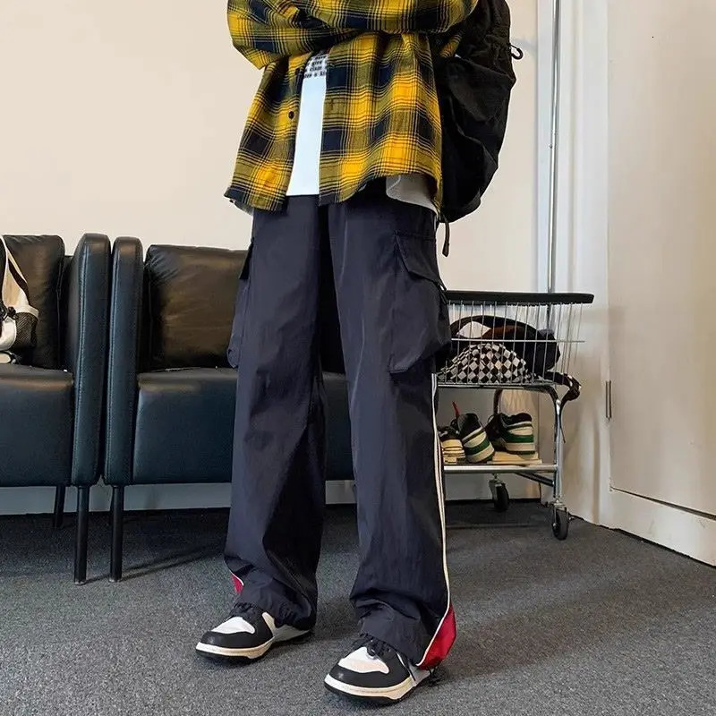 American college style striped casual pants mens spring trend loose high street retro straight wide leg sports pants 250402