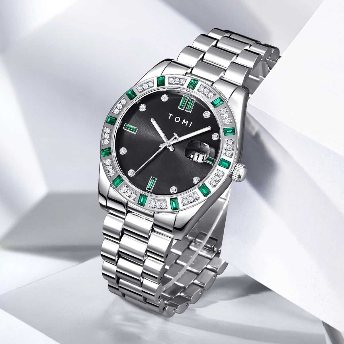 TOMI 4PCS Luxury Business Mens Watch Gift Box Set Luxury Diamond Case Calendar Stainless Steel Strap Quartz Watch Mens ClockT251104