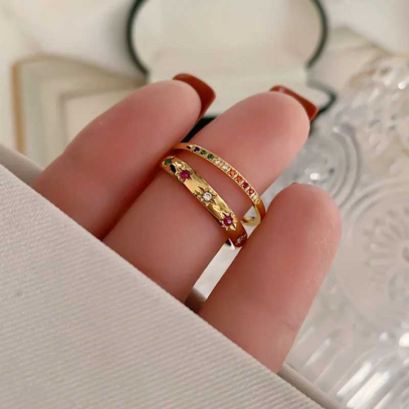 INS Stainless Steel Rainbow Color Cubic Zircon Stone Finger Rings for Women Gold Plated Waterproof Stacker Ring Jewelry GiftXJ251104