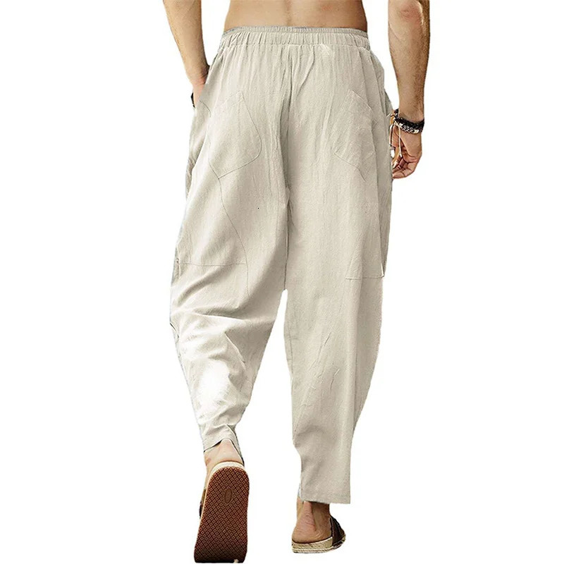 Cotton Linen Harem Pants Men Solid Elastic Waist Streetwear Joggers Baggy Drop-crotch Pants Casual Trousers Men 250402