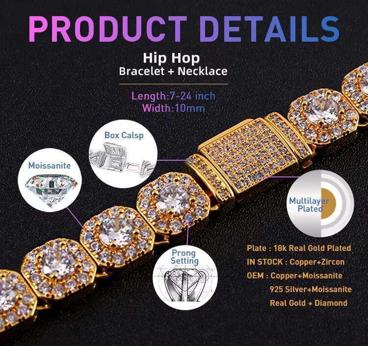 Factory High Quality Moissanite 10MM Square Micro Cluster Tennis Chain Necklace 925 Silver Mens Big Moissanite Tennis Chain