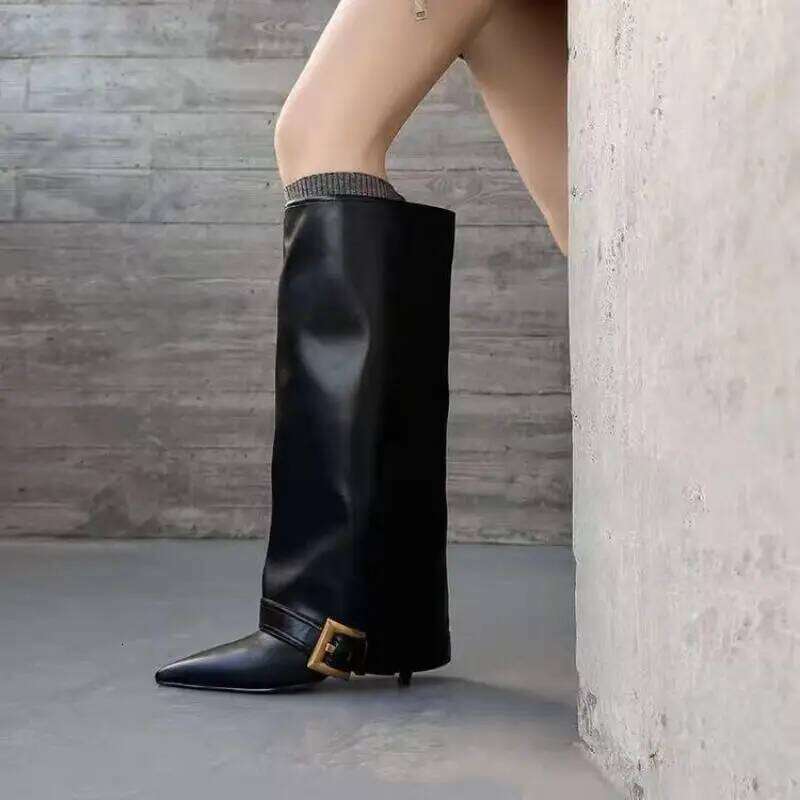 Luxury Black Heel Cowboy Long Women 2025 Winter Y2K Metal Buckle Designer Knee High Boots Woman Leather Pipe Booties