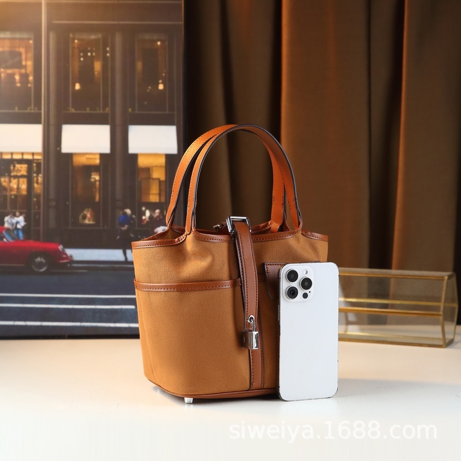 New Fashionable Canvas Bucket Versatile Splicing, Vegetable Basket Lock Women's Bag, Trendy