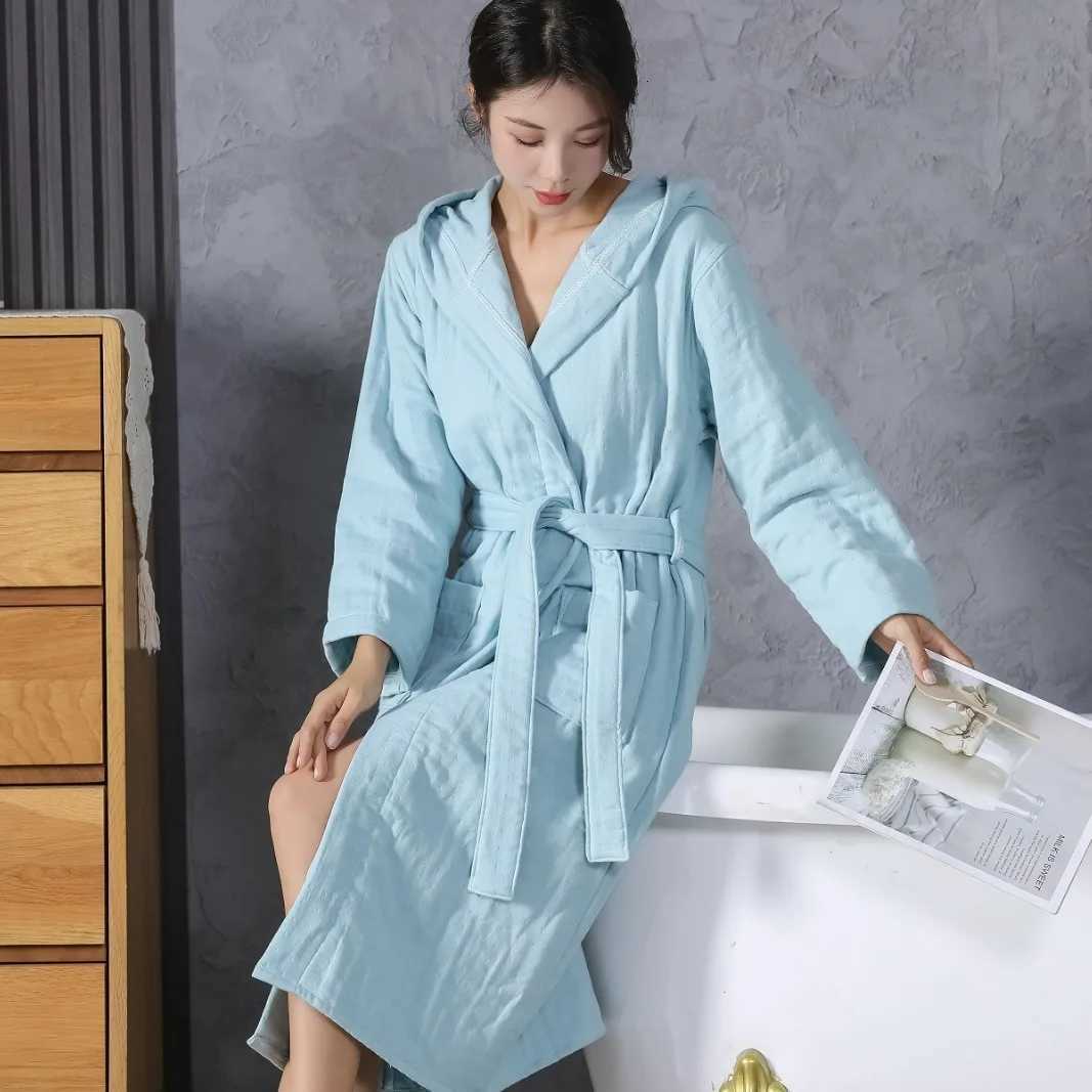 100 Cotton 4 Layer Gauze Kimono Robe 2024 New Women And Men Hooded Bathrobe Nightgown Soft Home Clothes Solid Hotal Spa Robes C251104