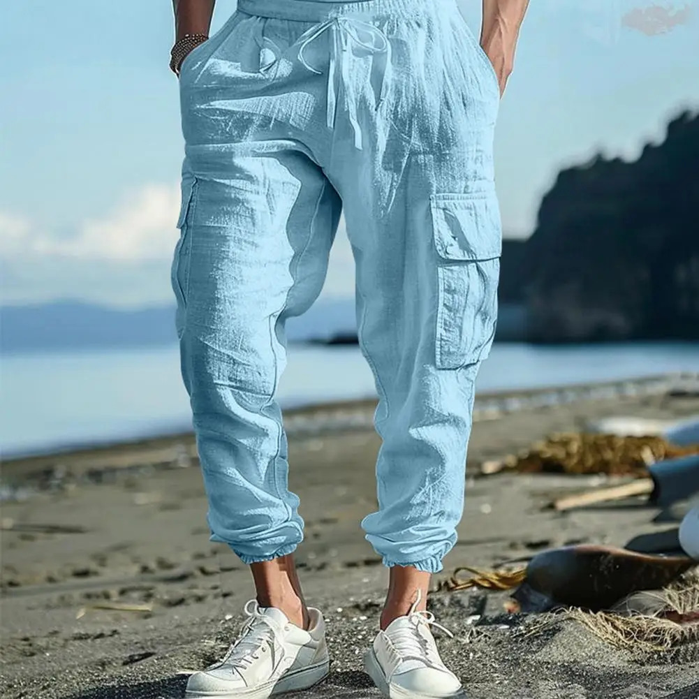 Lightweight Summer Trousers Men Linen Pants Breathable Mens Linen Jogger Pants with Drawstring Waist for Summer for Beach 250402