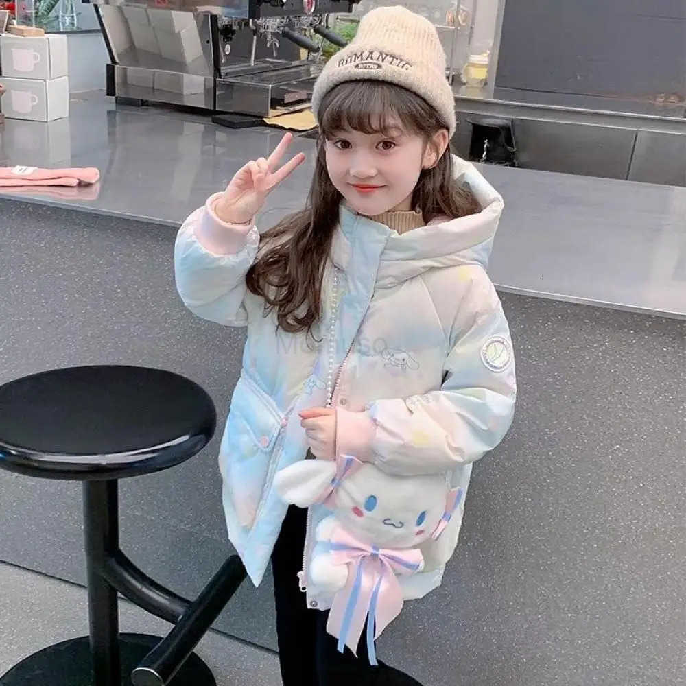 Sanrio Winter Anime Sanrios Cartoon Cinnamoroll Kuromi Childrens Down Clothes Fashion Girls Thicken Hooded Warm Cotton Padded Jacket H251104