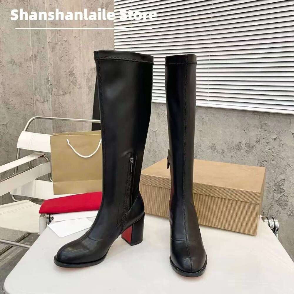 2025 Newest Winter New Women's Genuine Leather Sensual Style Red Bottom Knee Boots High Heel Zapatos De Mujer