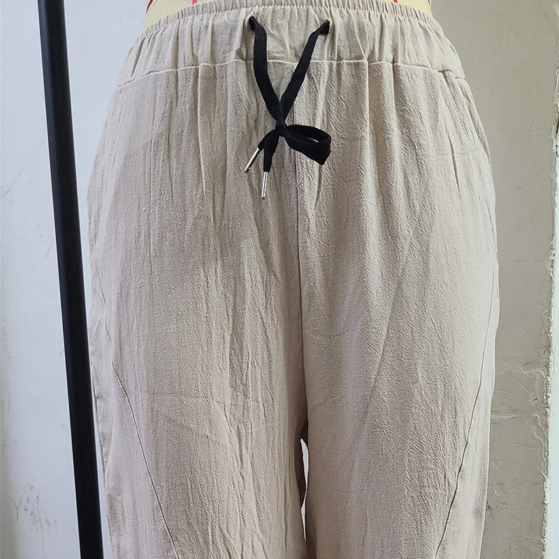 Cotton Linen Harem Pants Men Solid Elastic Waist Streetwear Joggers Baggy Drop-crotch Pants Casual Trousers Men 250402