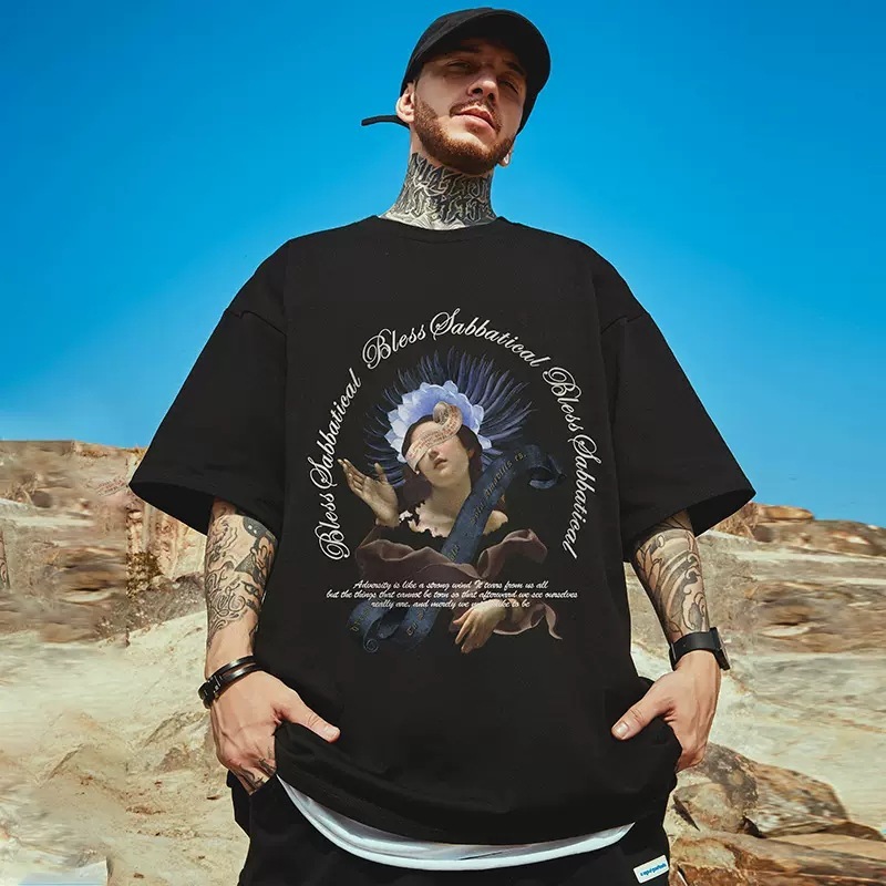 Large size short sleeved men's loose oversize chubby plus fat high street trend 2025 couple T-shirt