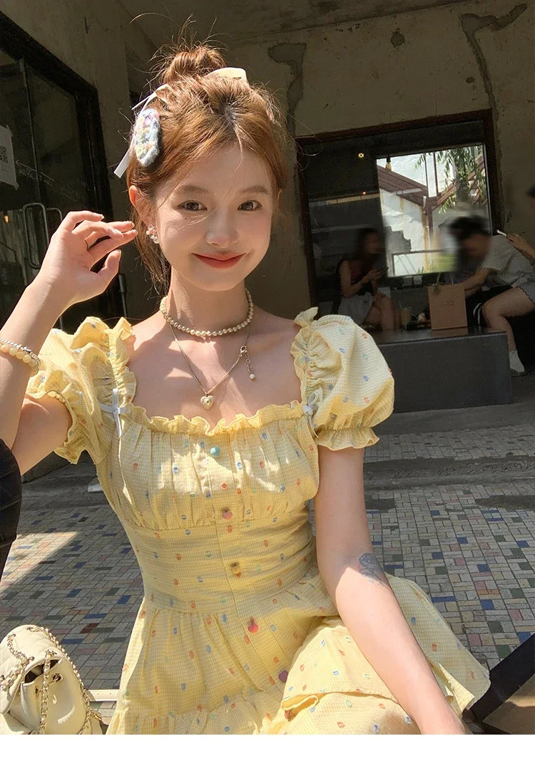 High Quality Selling Yellow Square Neck Bubble Sleeve Polka Dot Dress Women French Sweet Waist Cinching Dress Vestido Y2k 250403