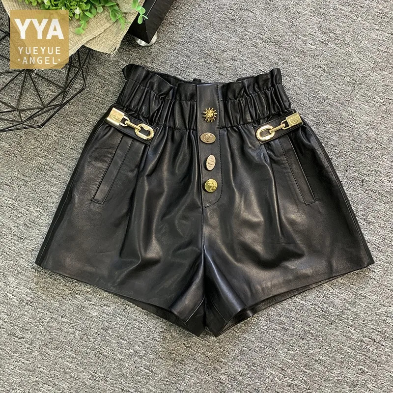 Womens elastic waist wide leg shorts casual metal button leather soft sheepskin 250401