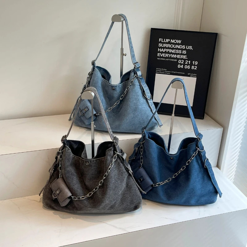 Spring Retro Denim Canvas Crossbody Bag Large Capacity Casual Communicating Shoulder Bag Simple Versatile Handbag 250402